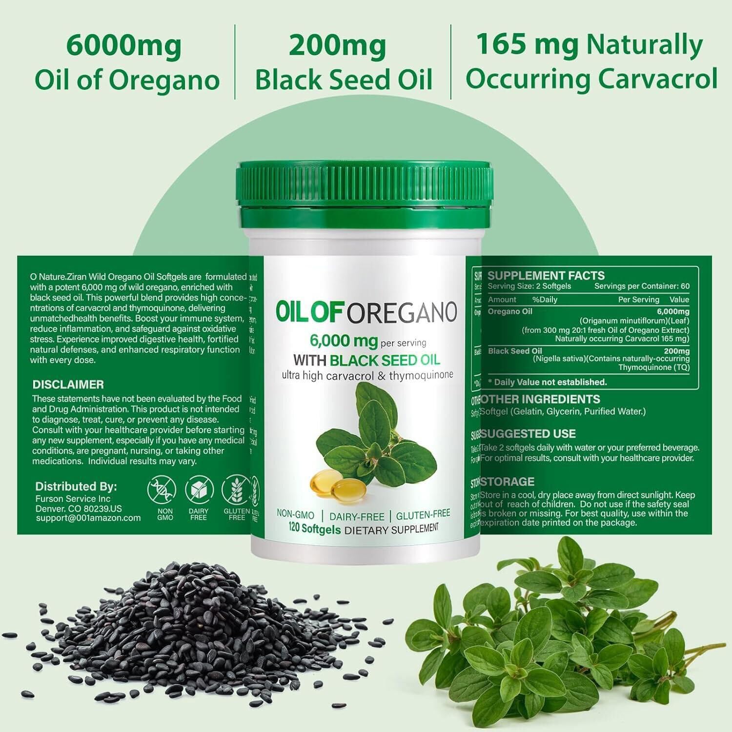 Herbal scene with BXRUIAGN oregano leaves and black seed oil, suggesting natural complexity