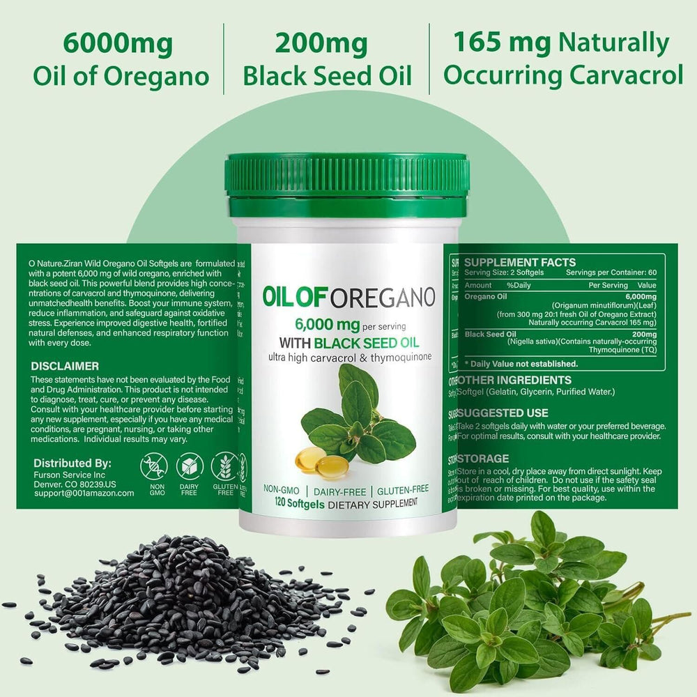 Herbal scene with BXRUIAGN oregano leaves and black seed oil, suggesting natural complexity