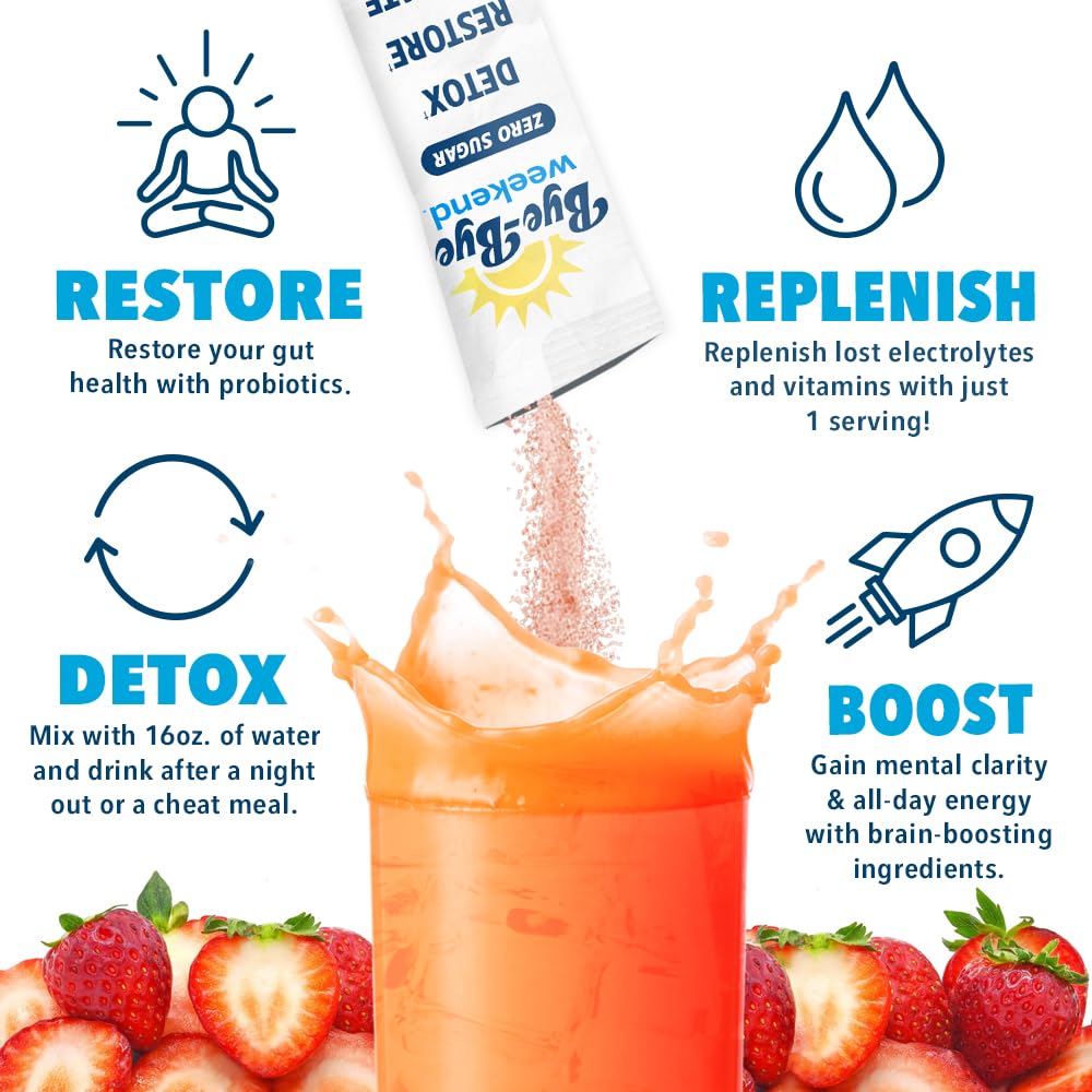 Bye-Bye Weekend detox drink glass with straw offers on-the-go strawberry refreshment.