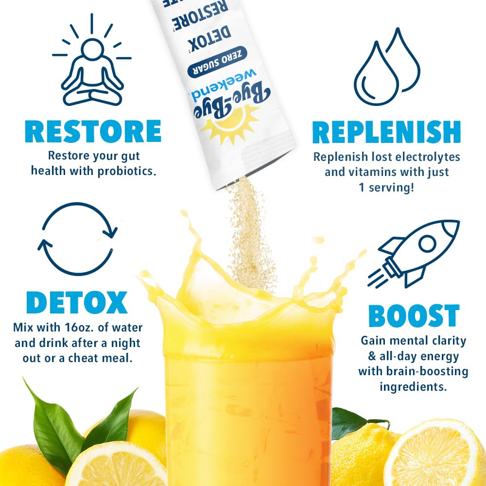 Bye-Bye Weekend detox lemonade ingredients close-up spotlights probiotics and milk thistle.