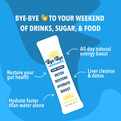Bye-Bye Weekend detox lemonade pack showcases convenient 10-pack for on-the-go recovery.