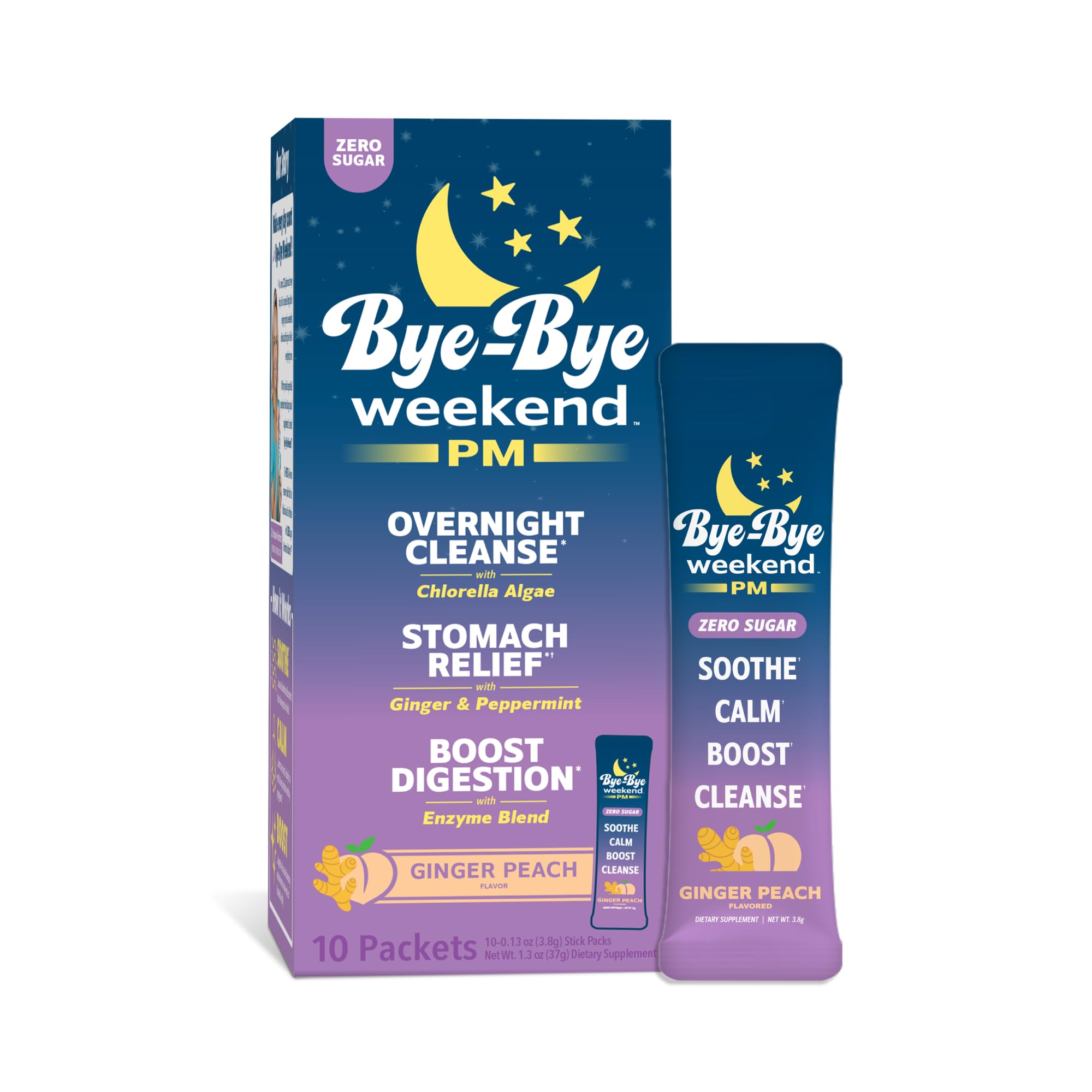 Bye-Bye Weekend PM dissolving packet shown for overnight digestion support