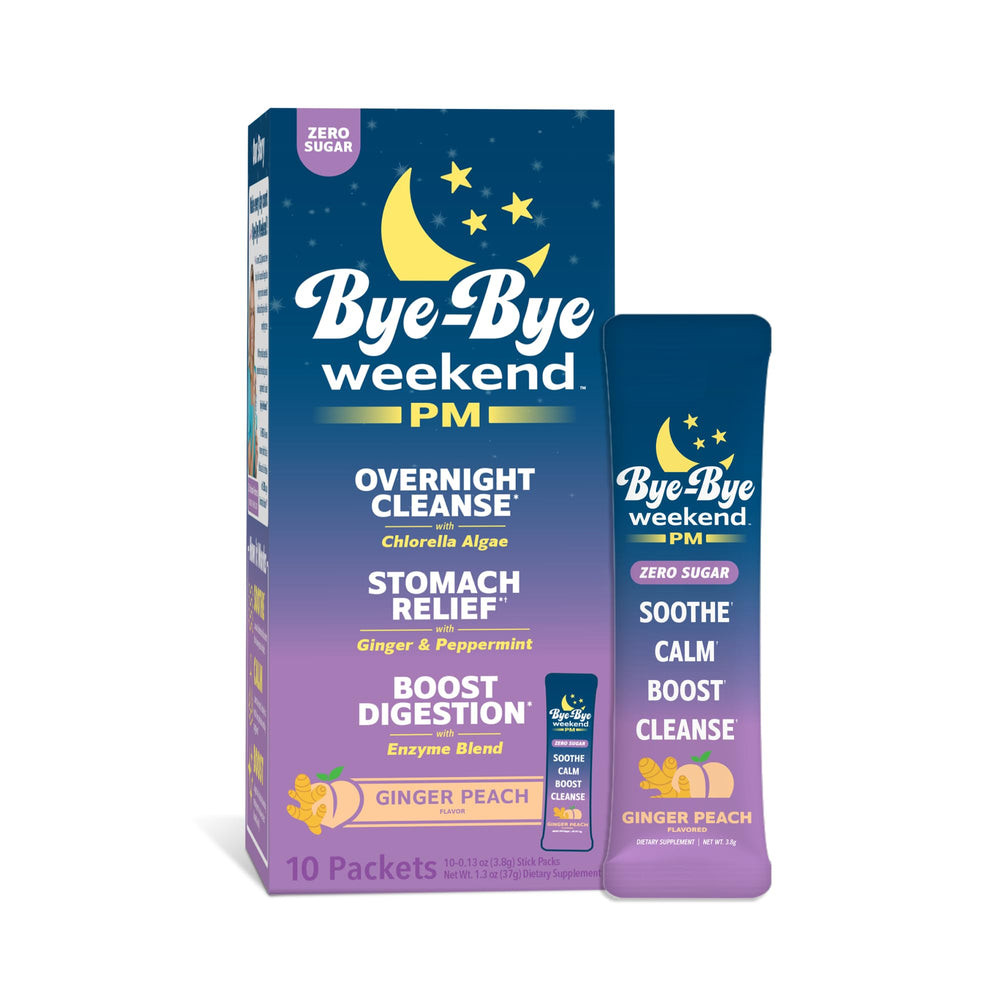 Bye-Bye Weekend PM dissolving packet shown for overnight digestion support