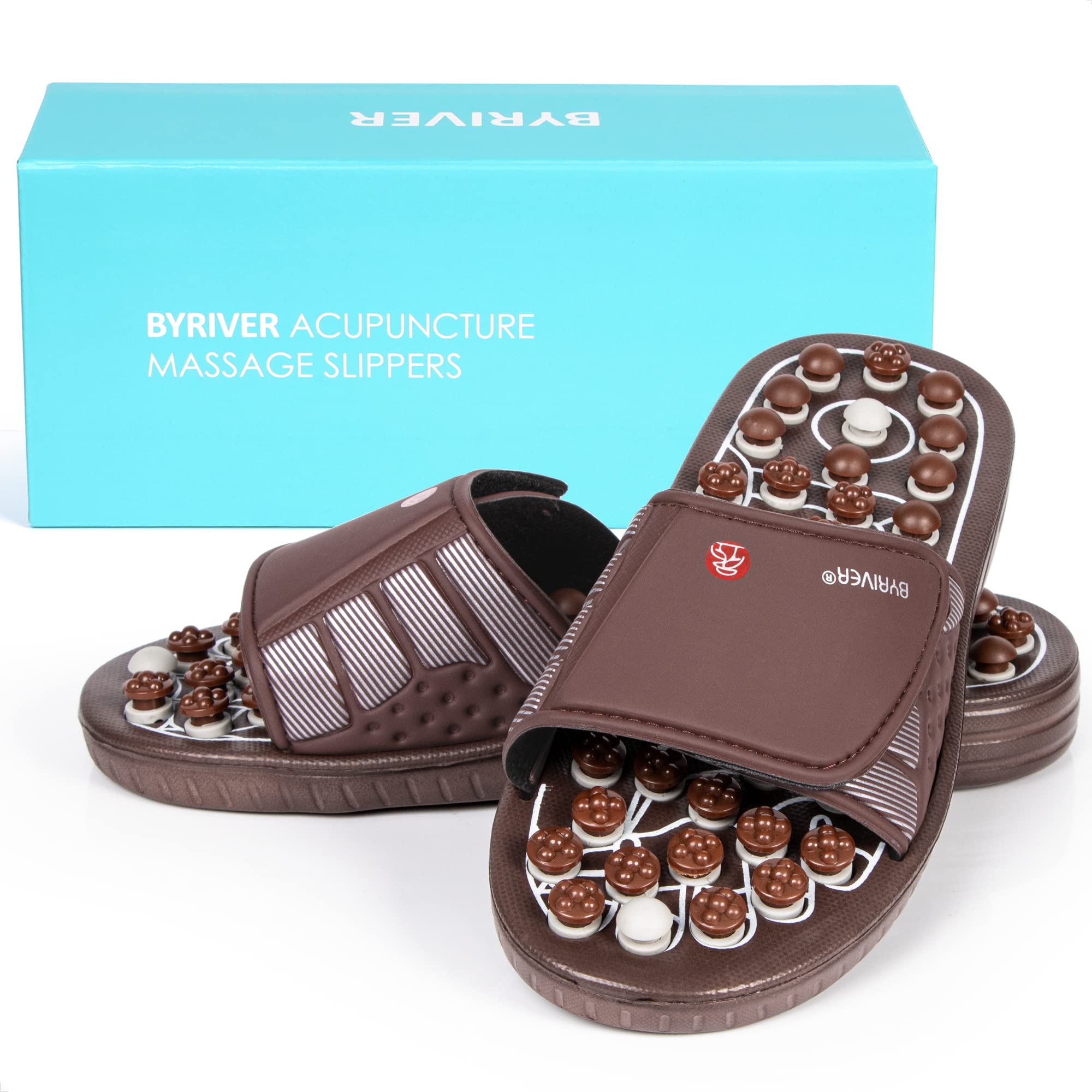 BYRIVER acupressure slippers with adjustable strap for comfortable all-day wear.