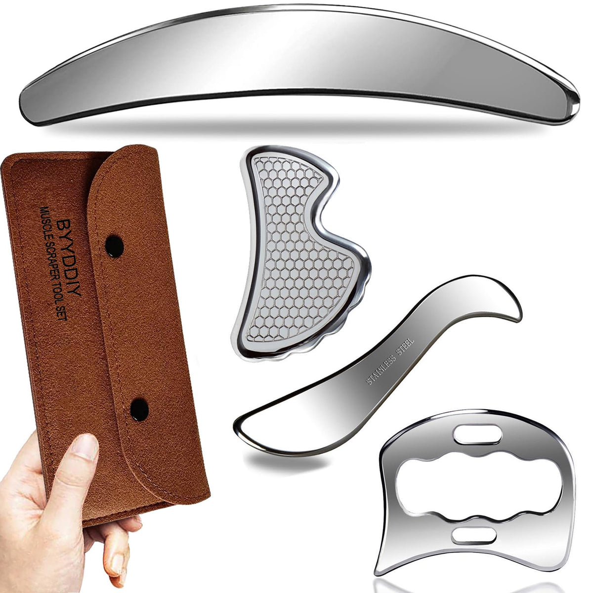 BYYDDIY 4-in-1 muscle scraper tool kit overview for at-home relief and therapy support.