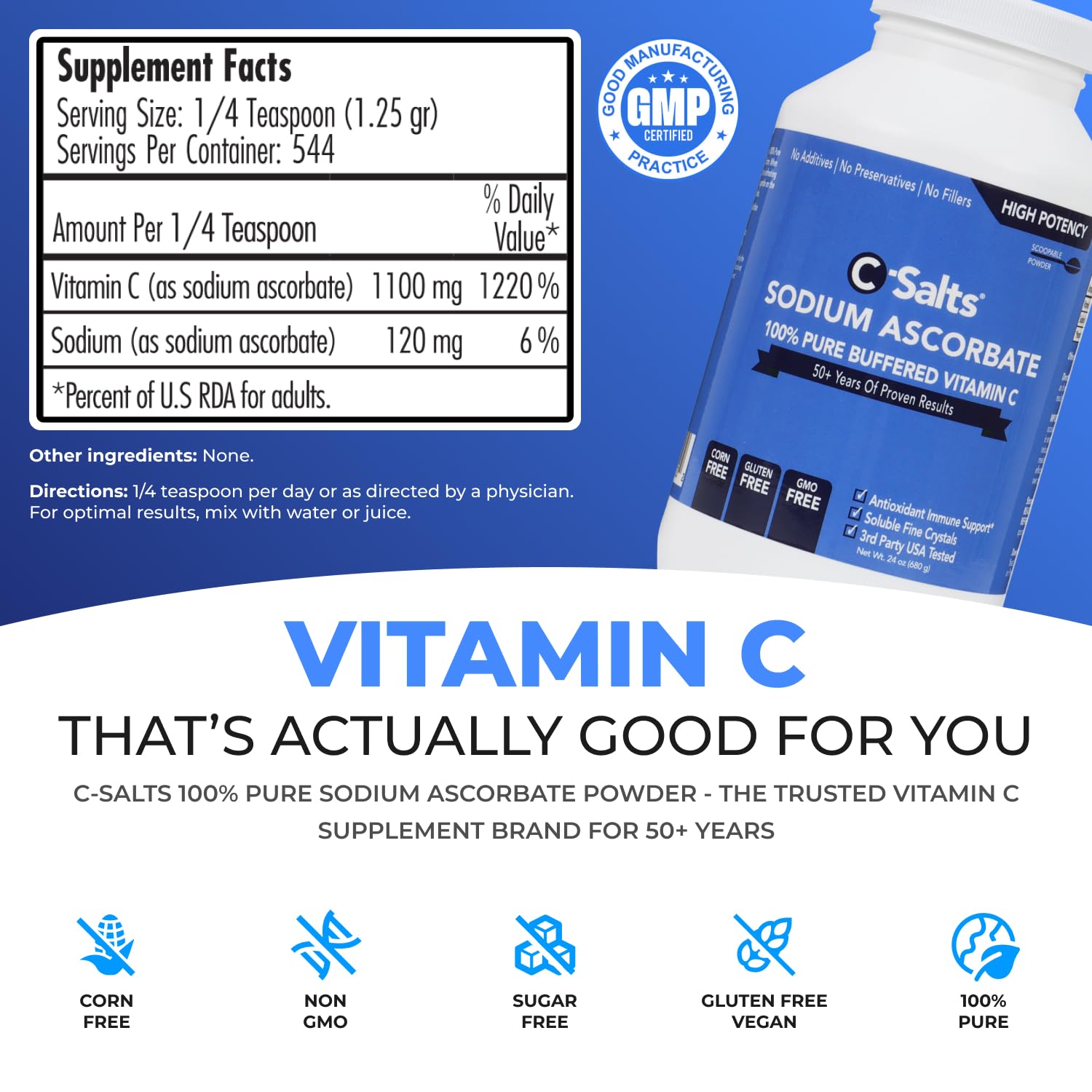 C-Salts sodium ascorbate powder with a scoop for precise, sugar-free dosing