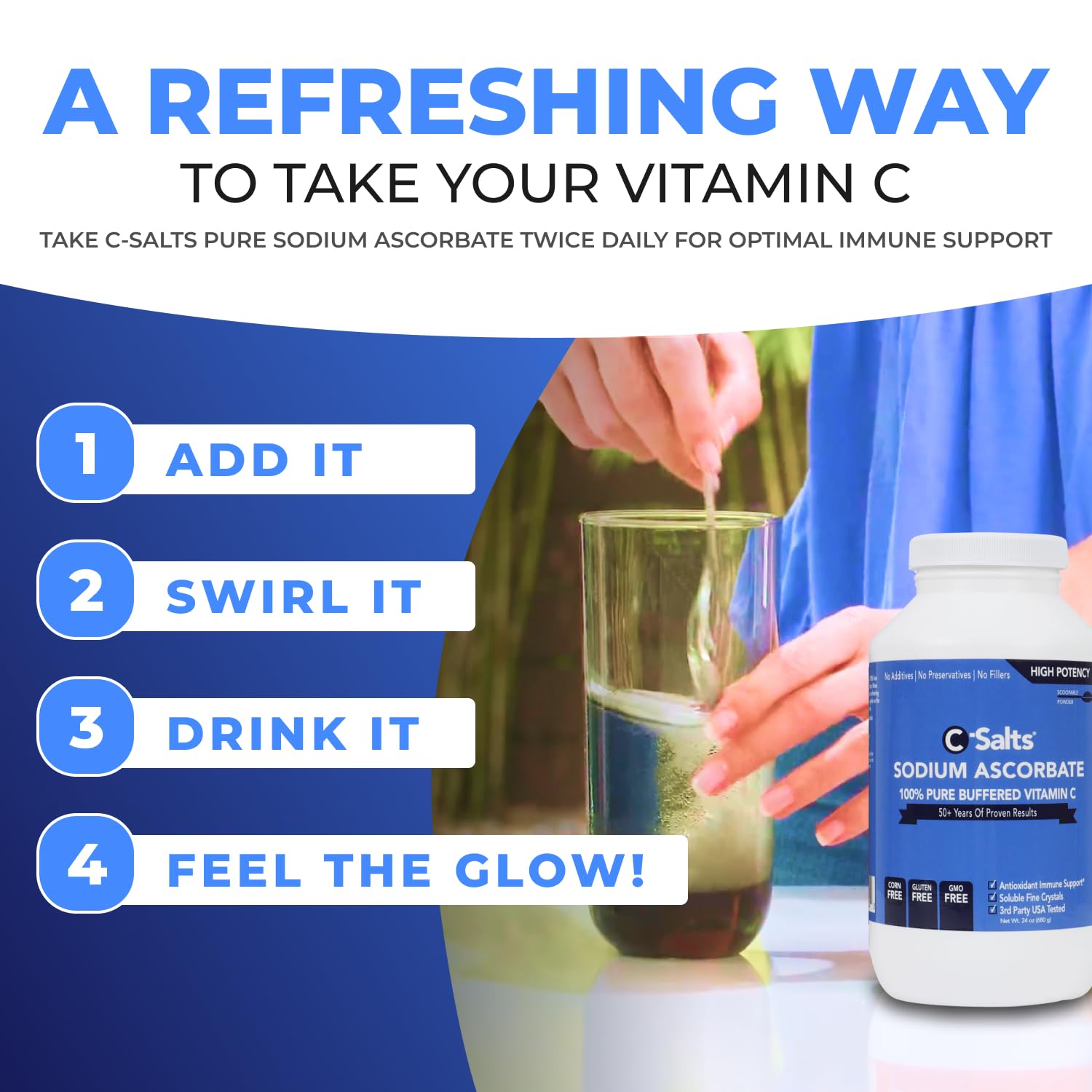 C-Salts vitamin C powder dissolving in water for quick refreshment