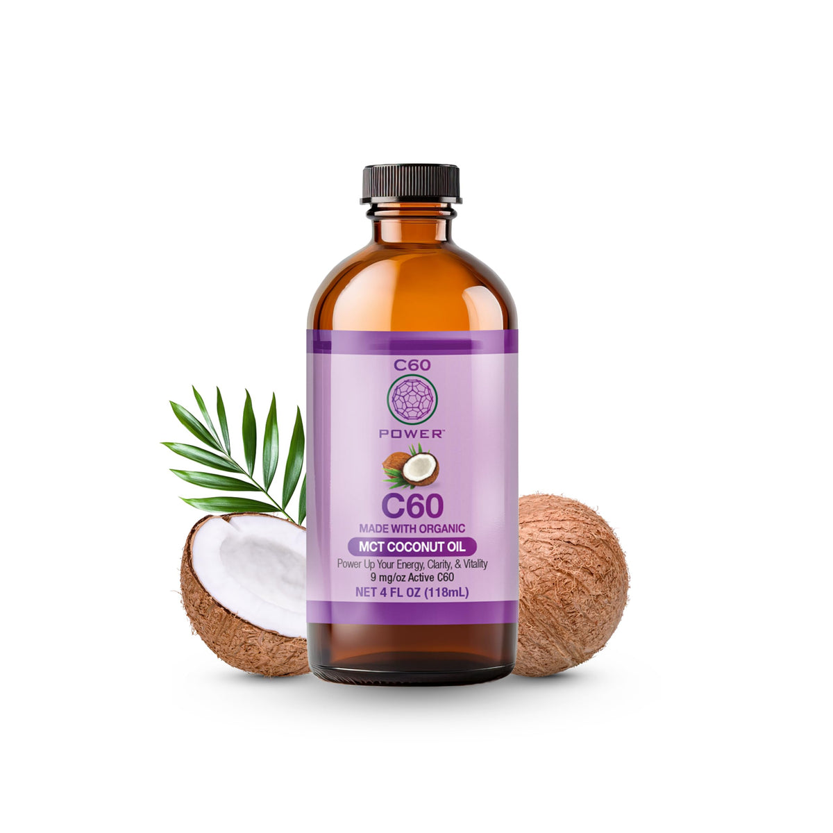 C60 Purple Power bottle front with energy boosting C60 in organic MCT oil