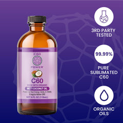 C60 Purple Power bottle side view highlighting organic ingredients and purity