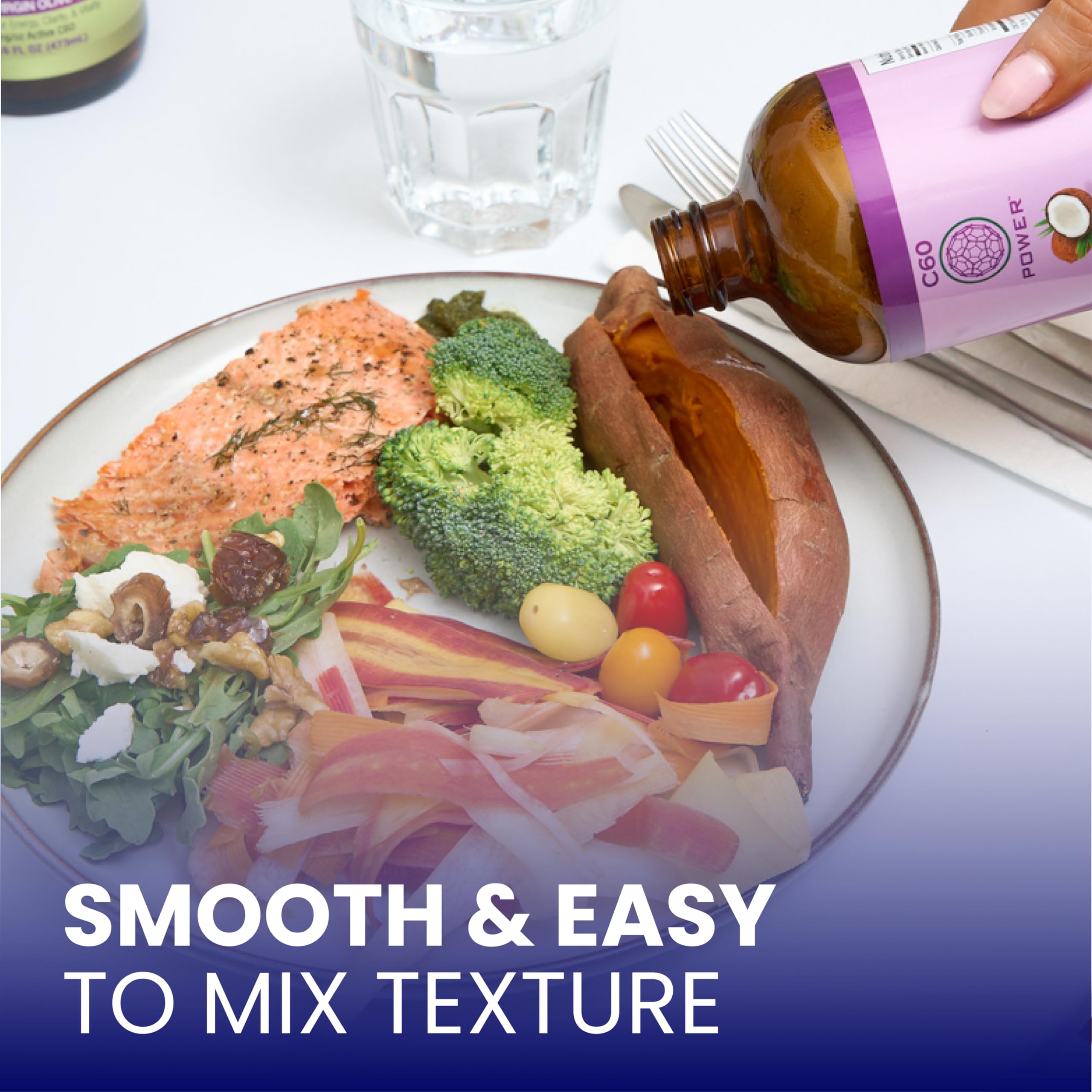 C60 Purple Power glass beside bottle for daily wellness routine