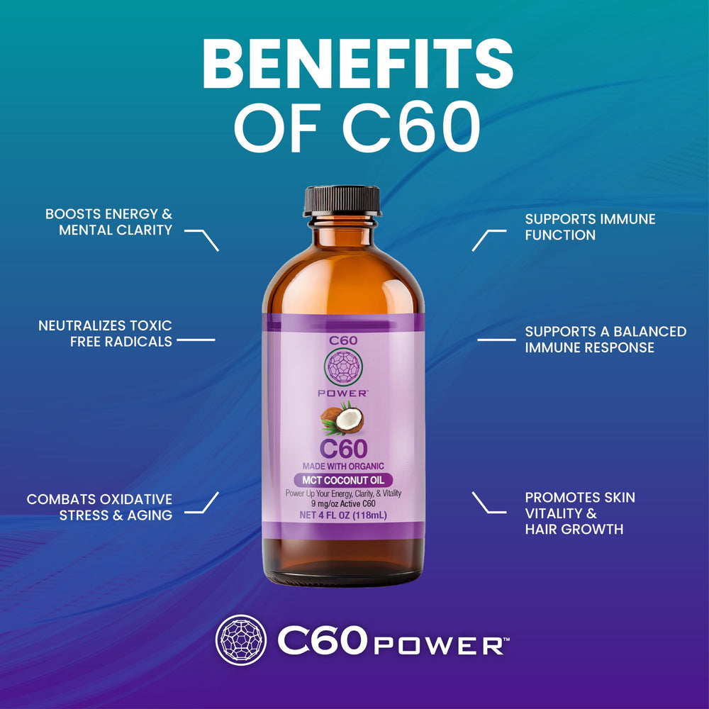 C60 Purple Power label close-up noting 99.99% pure C60