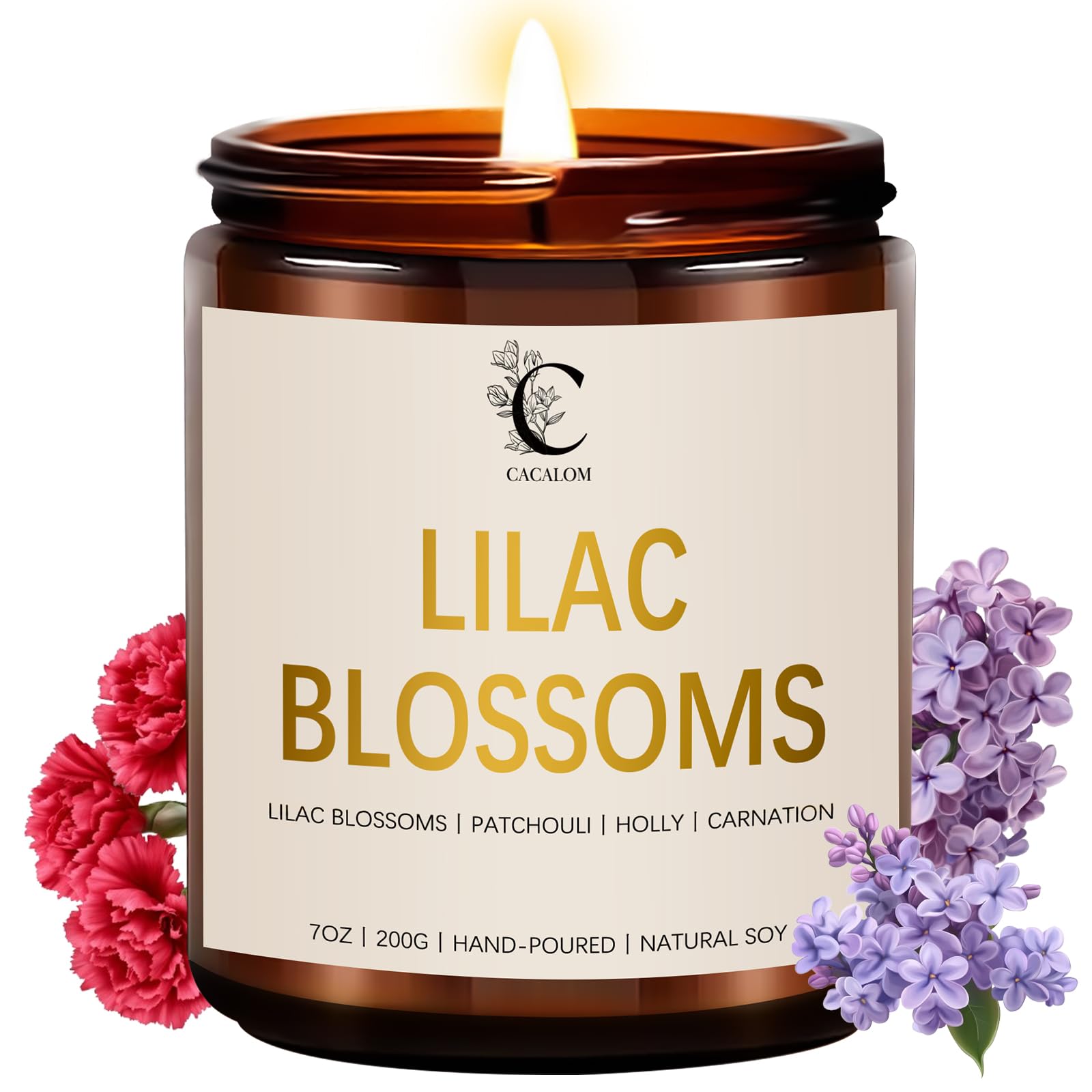 CACALOM lilac scented candle in 7oz jar for relaxing evenings.