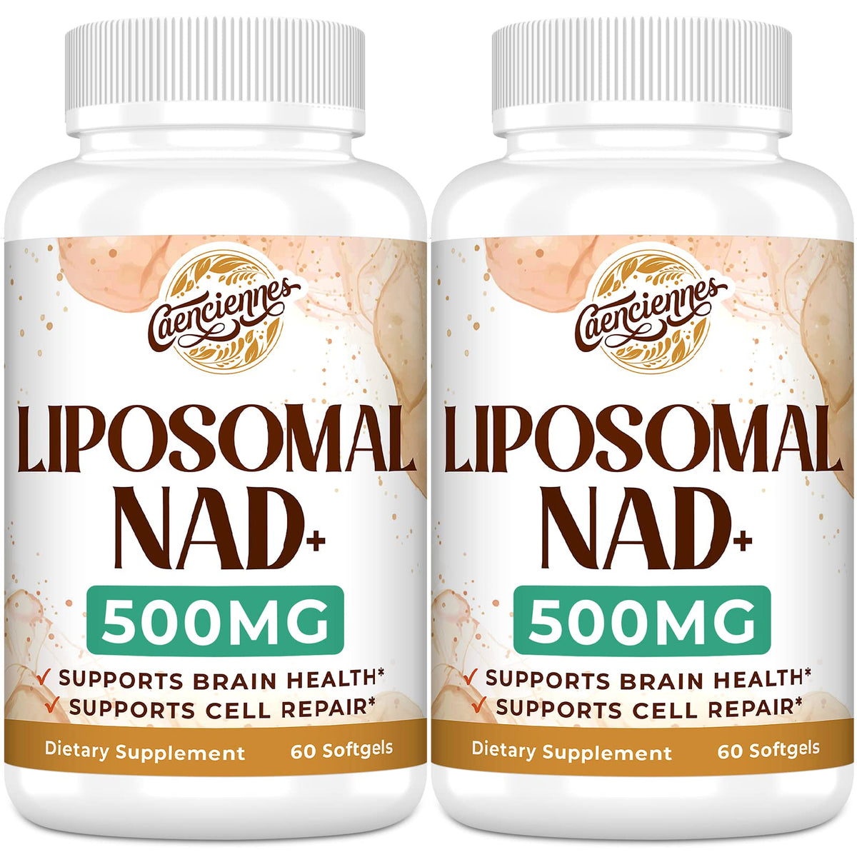 Caenciennes liposomal NAD+ 500 mg bottle with capsules for daily energy support.