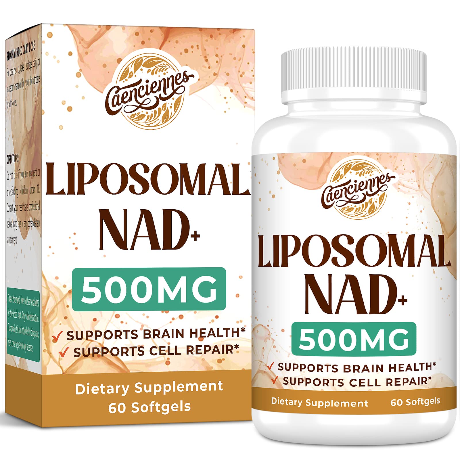 Caenciennes Liposomal NAD+ benefits graphic suggesting mitochondrial support and healthy aging