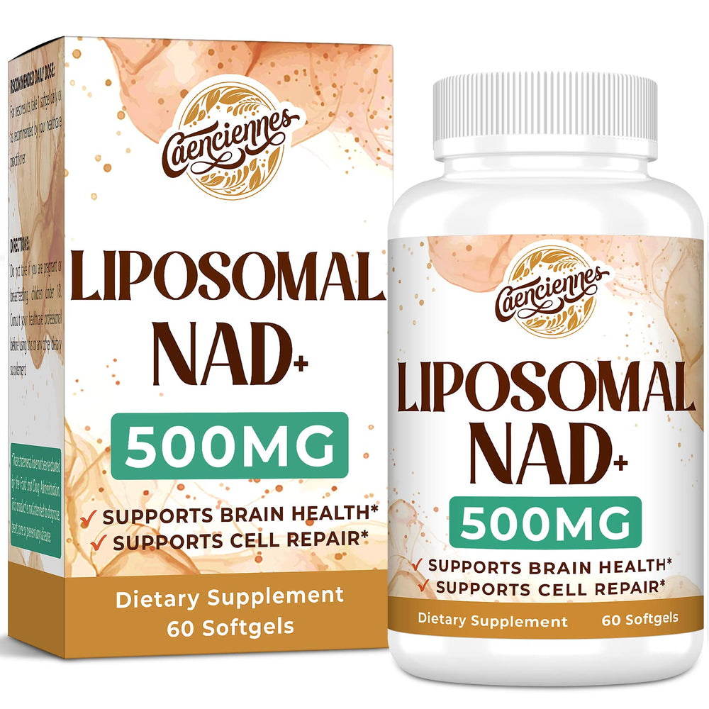 Caenciennes Liposomal NAD+ benefits graphic suggesting mitochondrial support and healthy aging