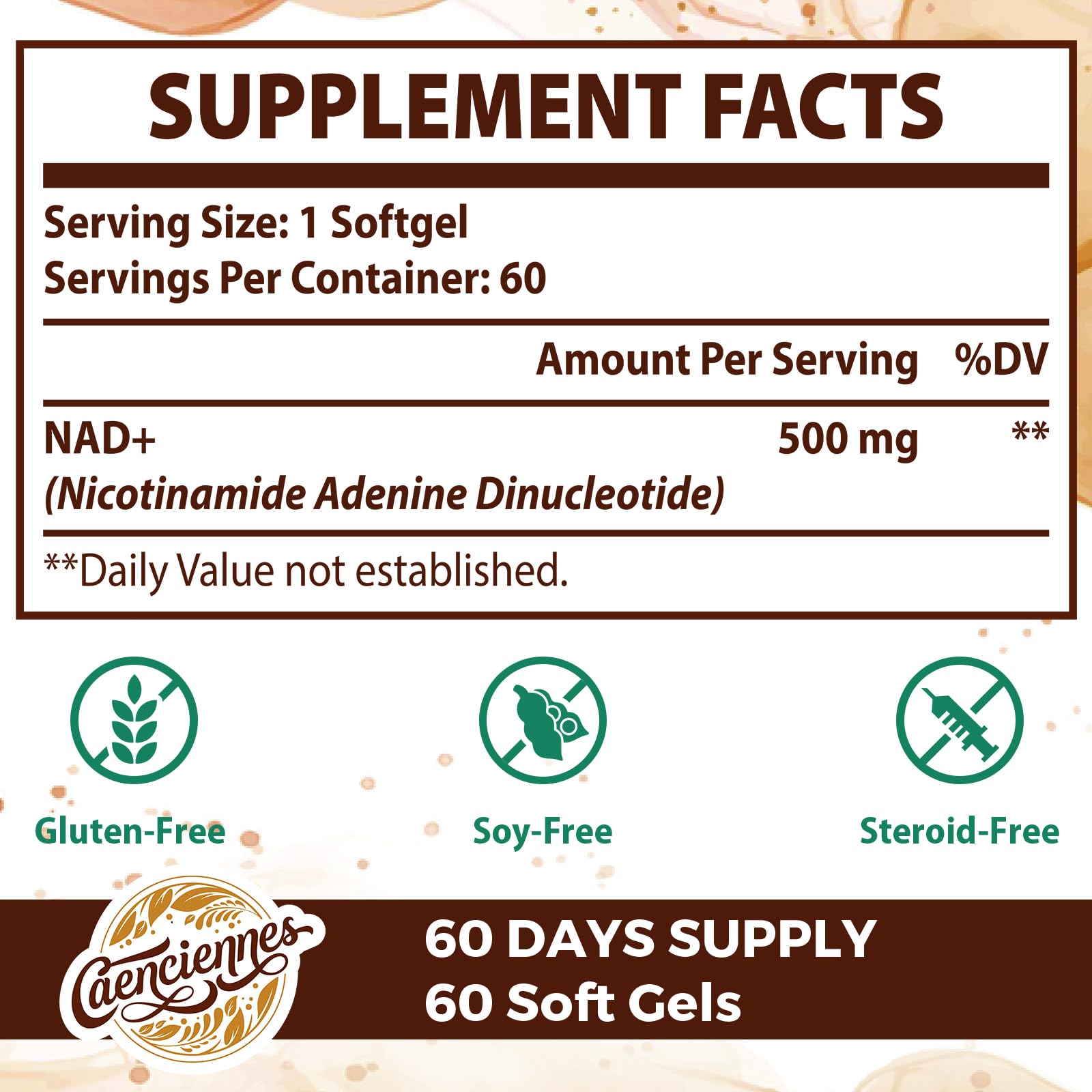Caenciennes Liposomal NAD+ soft gels closeup showing easy-to-swallow design