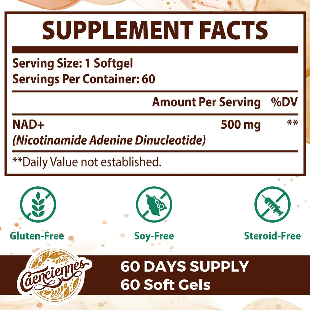 Caenciennes liposomal NAD+ softgels close up highlighting easy absorption.