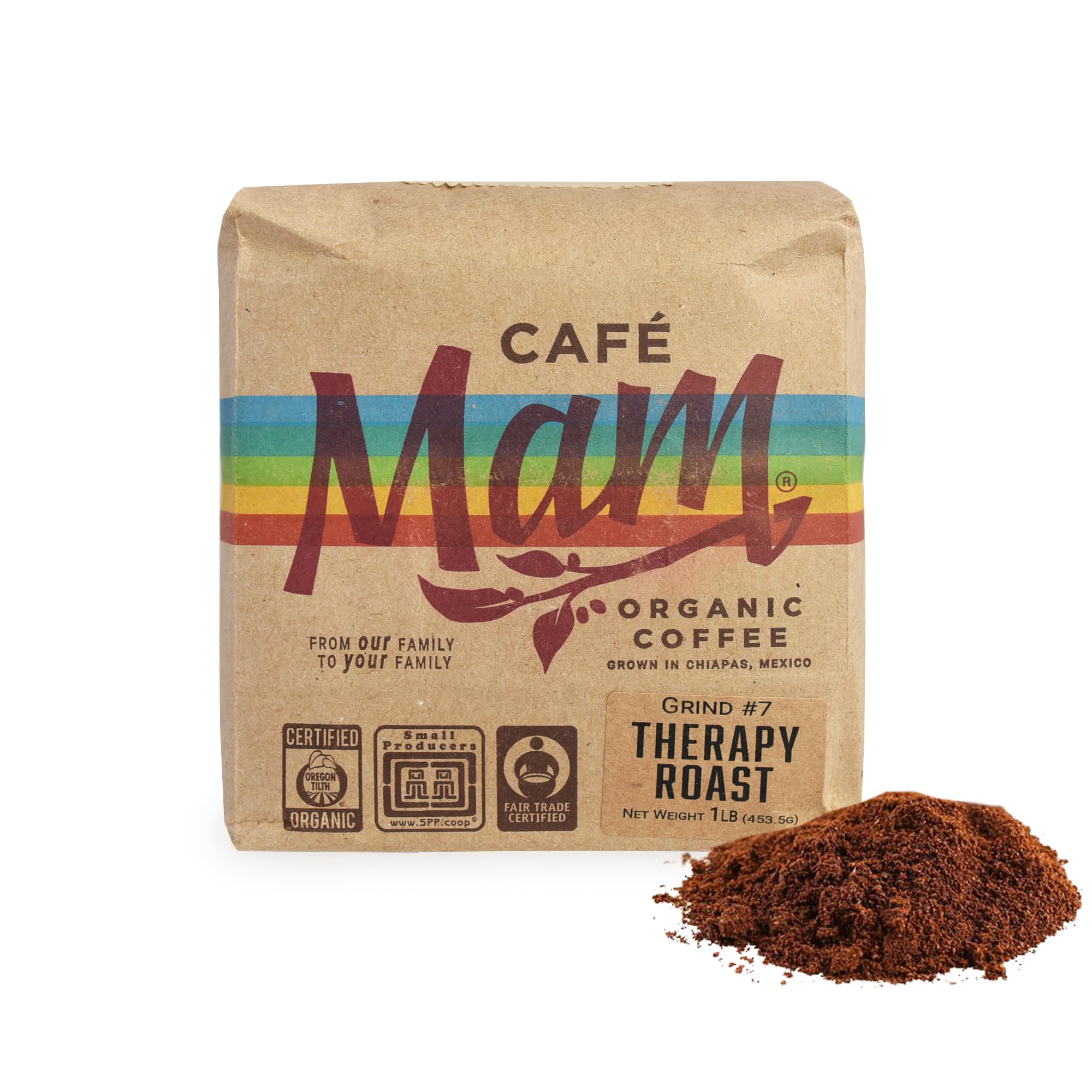 Cafe Mam therapy coffee enema front label showcases organic, fair-trade credentials for mindful routines.