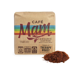 Cafe Mam therapy coffee enema front label showcases organic, fair-trade credentials for mindful routines.