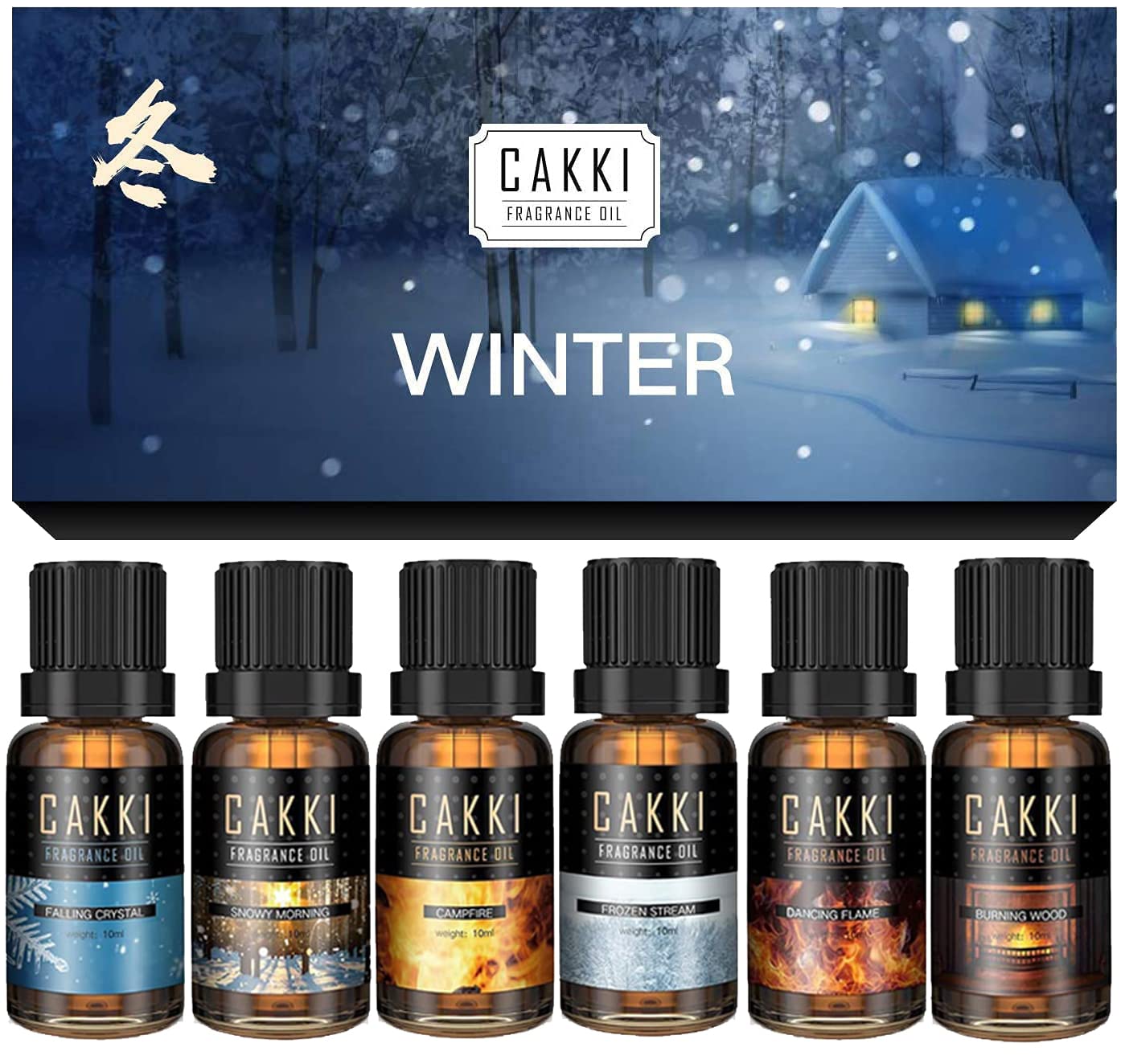 CAKKI Winter Collection: six fragrance oils in amber bottles ready for diffusers and candles.