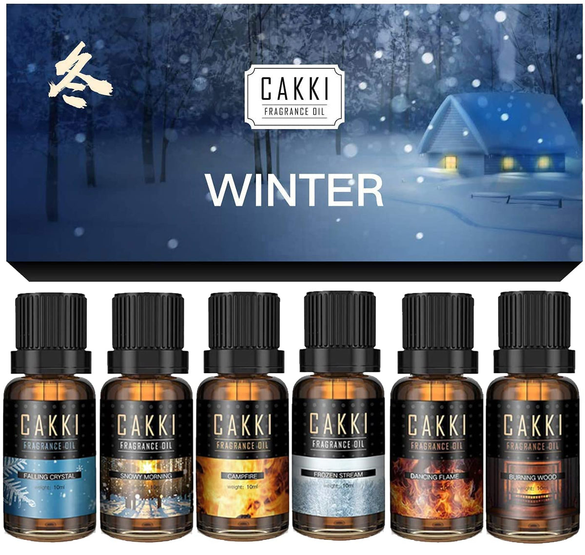 CAKKI Winter Collection: six fragrance oils in amber bottles ready for diffusers and candles.