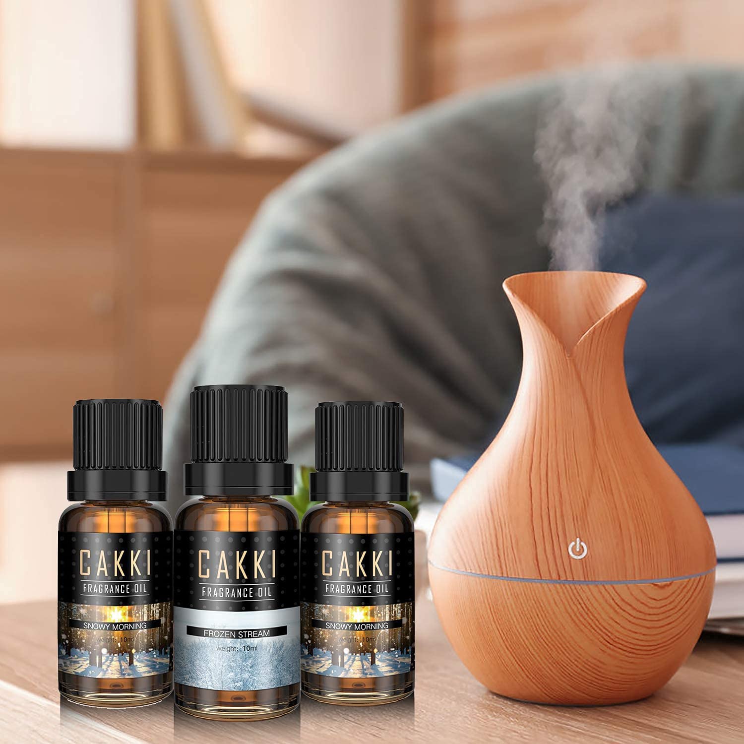 CAKKI Burning Wood fragrance oil close-up for cozy ambience.