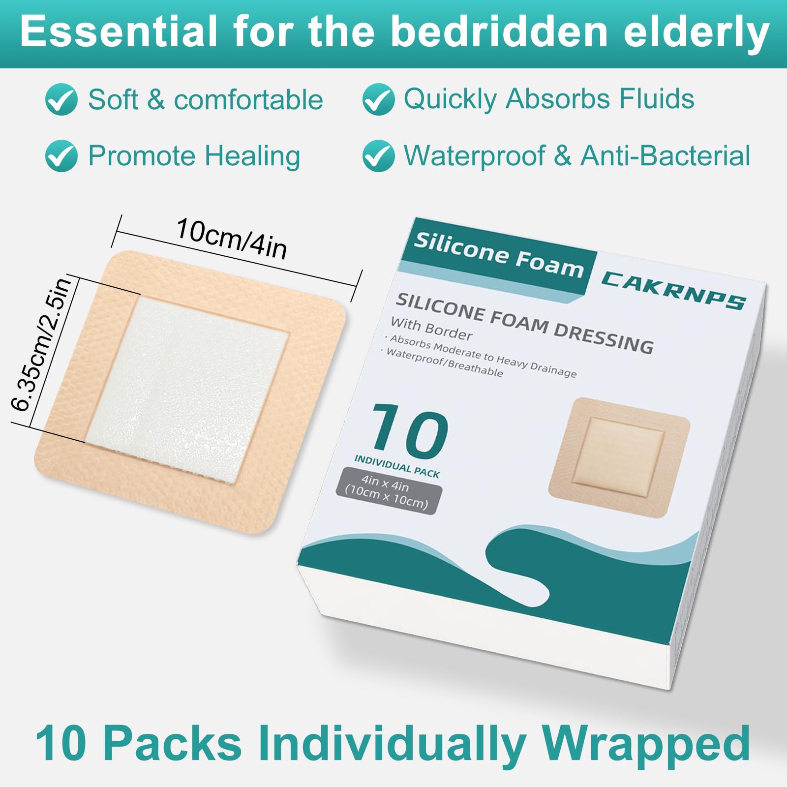 CAKRNPS silicone foam dressing 4x4 adhesive border close-up for painless dressing changes.