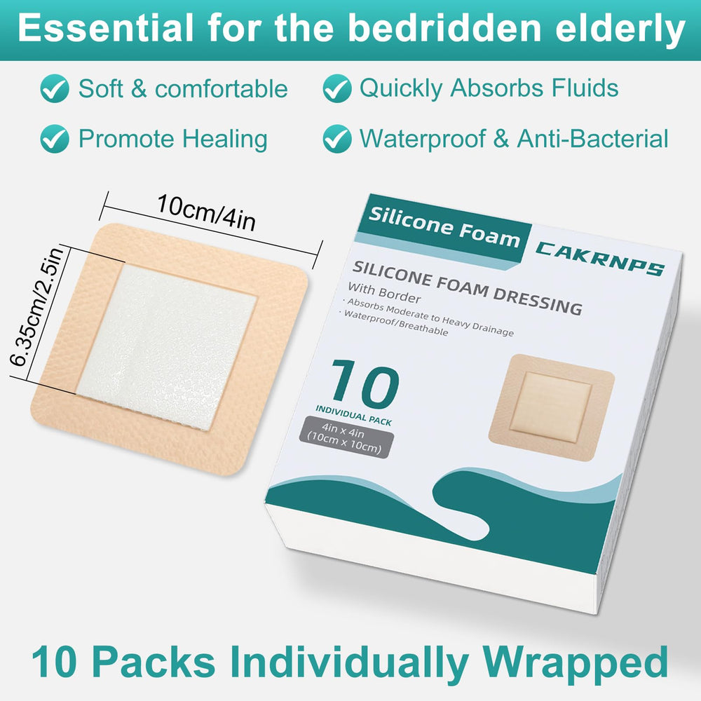 CAKRNPS silicone foam dressing 4x4 adhesive border close-up for painless dressing changes.