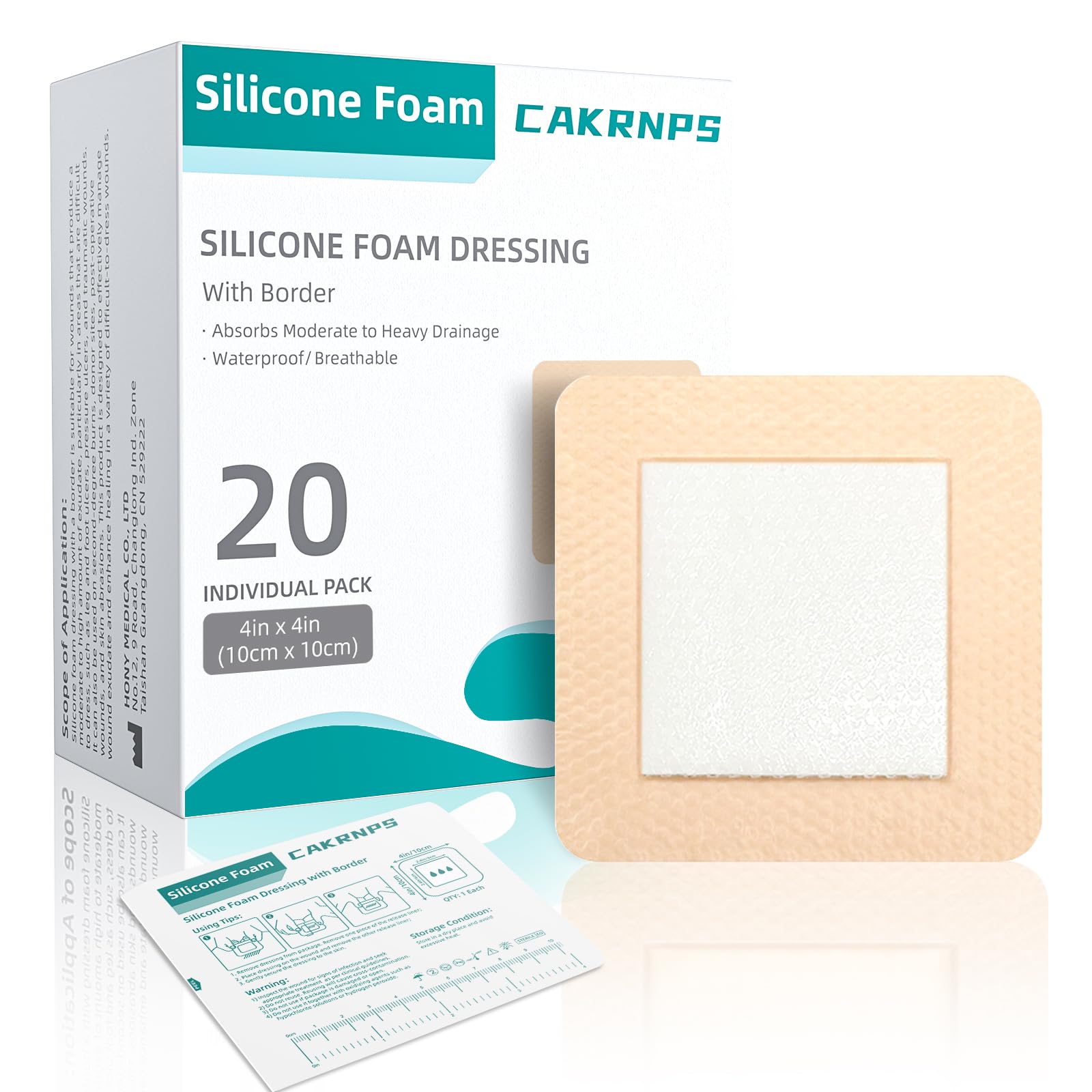 CAKRNPS silicone foam dressing 4x4 packaging close-up highlights bulk 20-pack convenience