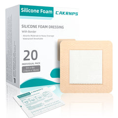 CAKRNPS silicone foam dressing 4x4 packaging close-up highlights bulk 20-pack convenience
