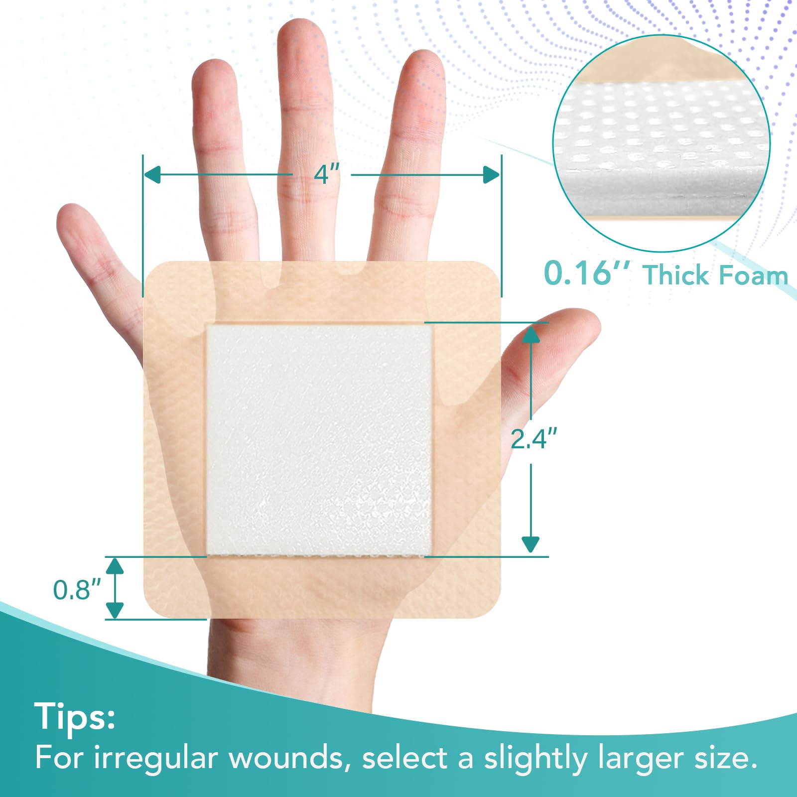 CAKRNPS silicone foam dressing adhesive border close-up demonstrates secure wear and skin-friendly contact