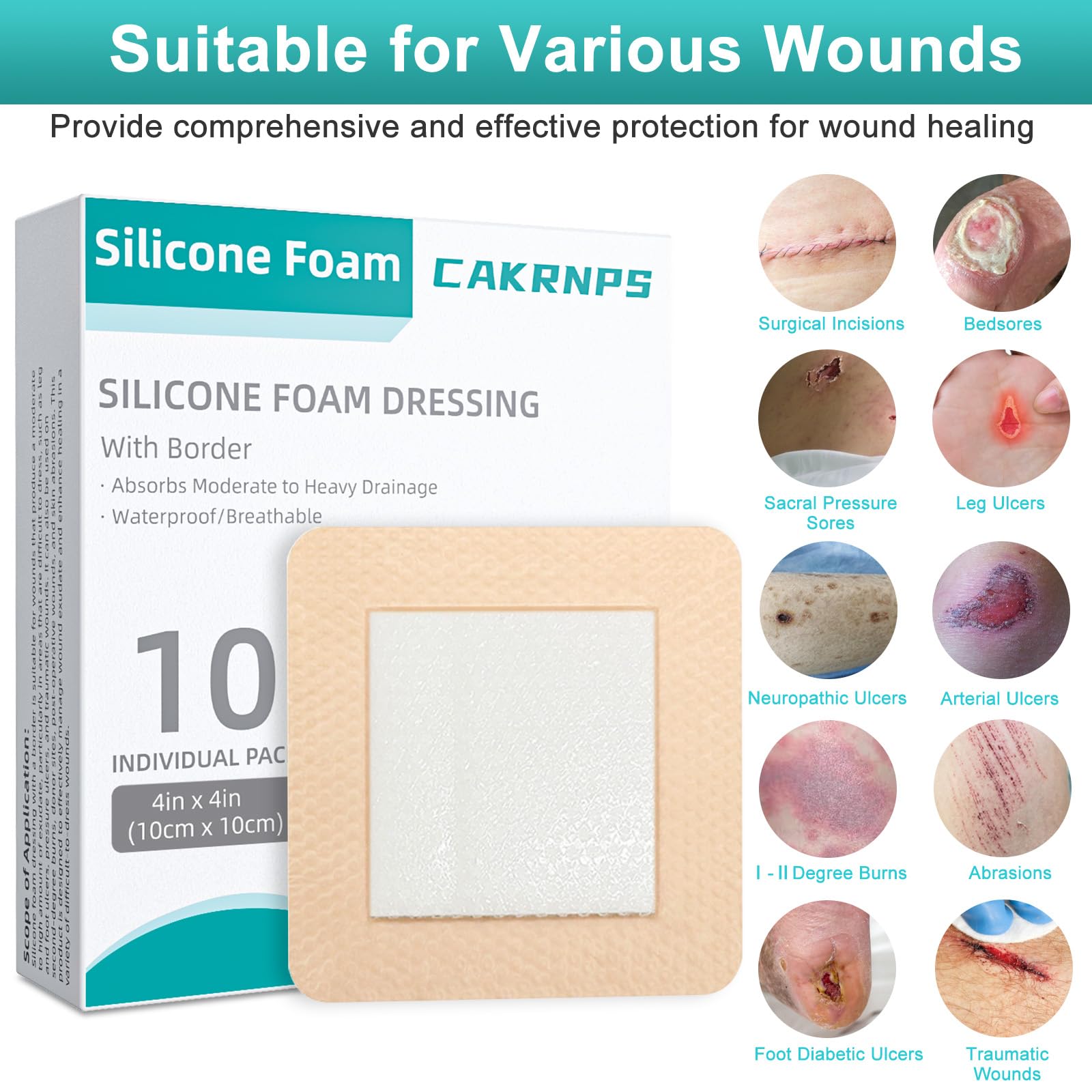 CAKRNPS silicone foam dressing used in hospitals and home care settings.