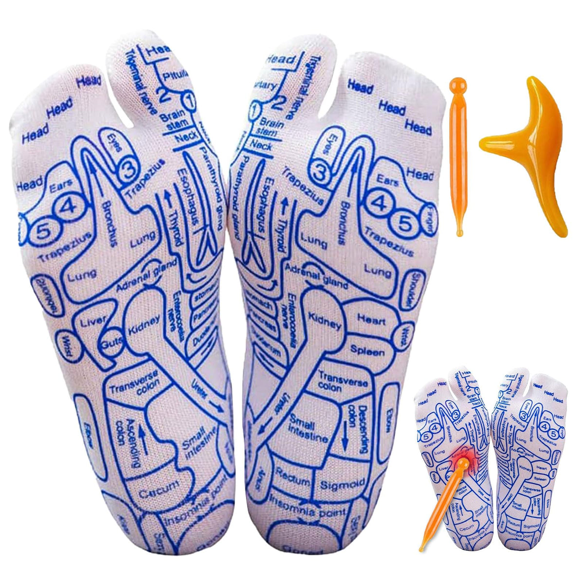 Calcetines de reflexología con herramienta de masaje para relajar pies y aliviar la fatiga.
