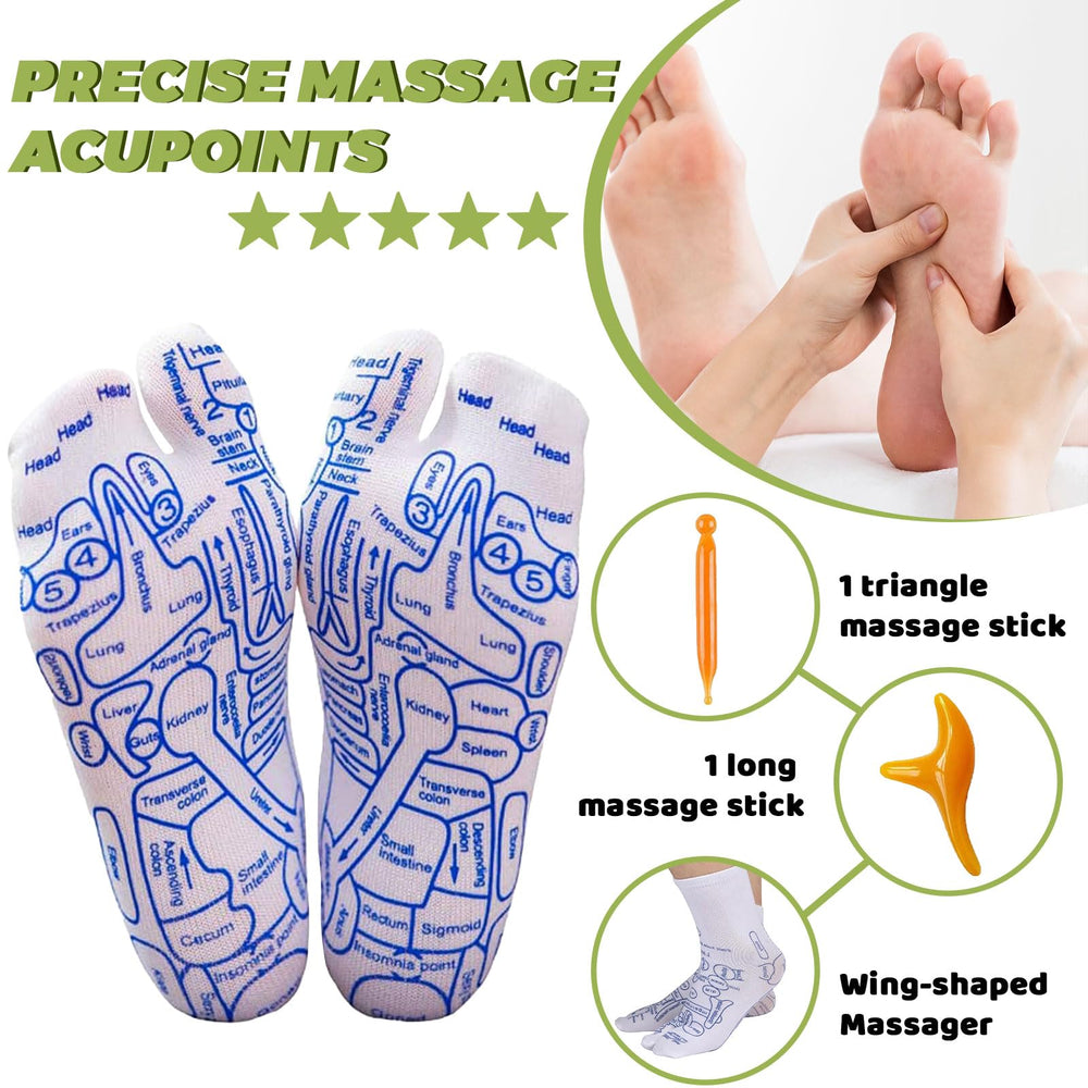 Calcetines de reflexología con enfoque en puntos reflex para masaje focal en plantas de los pies.