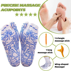 Calcetines de reflexología con enfoque en puntos reflex para masaje focal en plantas de los pies.
