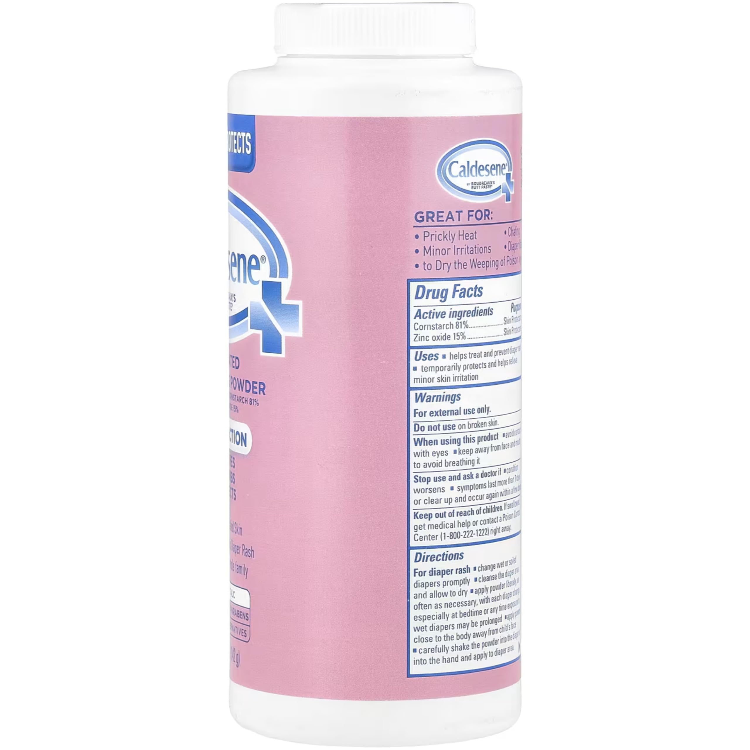 Caldesene powder shows zinc oxide and cornstarch ingredients for gentle care.