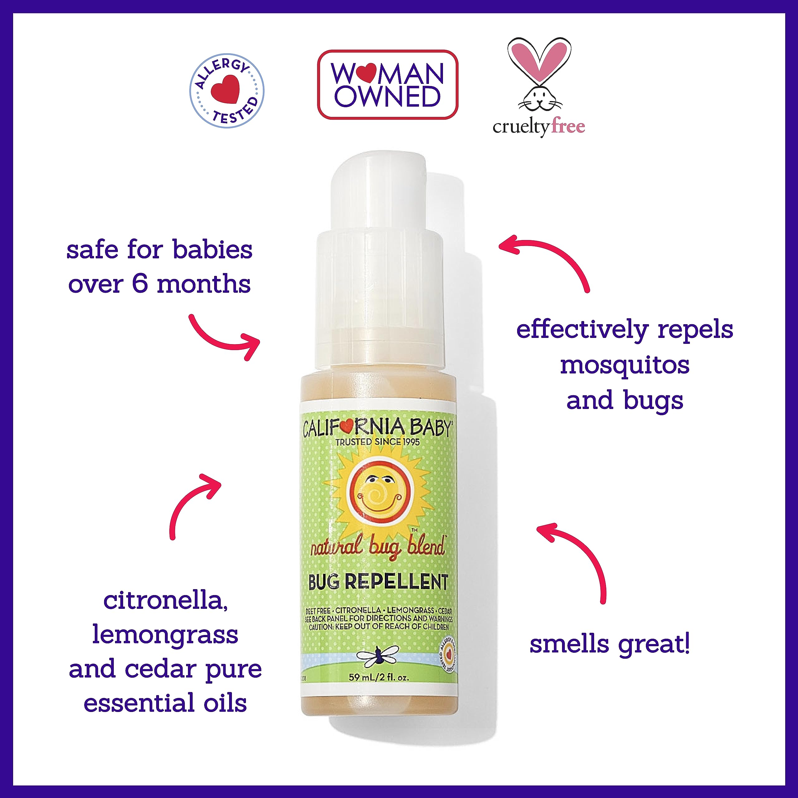 California Baby bug spray application on skin shows DEET-free protection for kids.