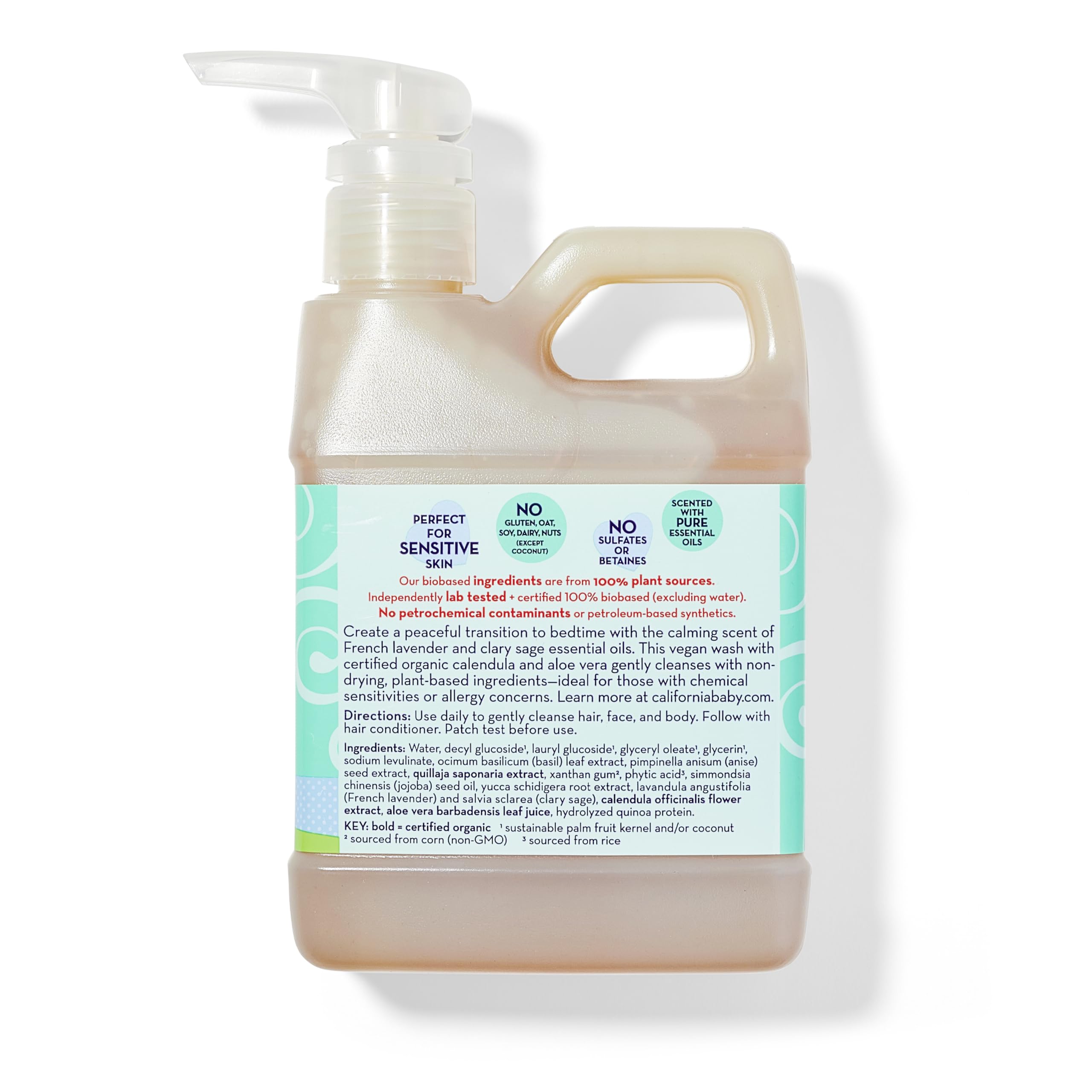 California Baby calming shampoo pump close-up shows gentle plant-based formula for babies.