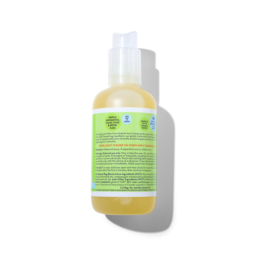 California Baby Natural Bug Spray bottle back view showing allergen-free formulation notes