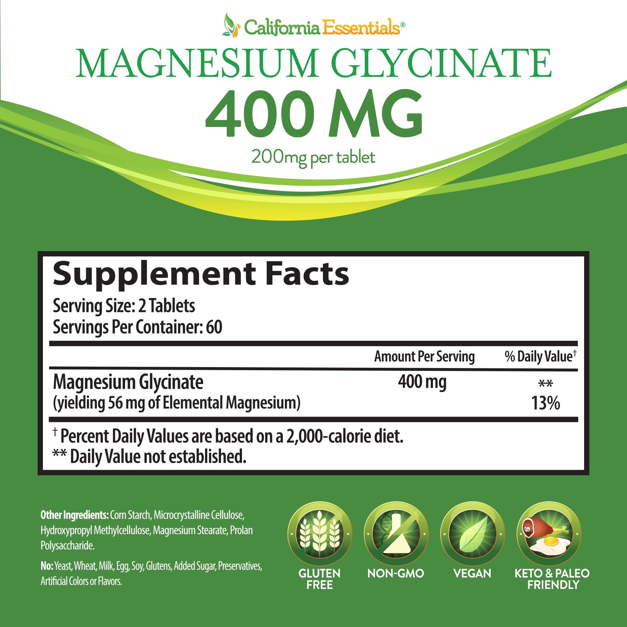 Label details serving size and tablet count for California Essentials Magnesium Glycinate 400