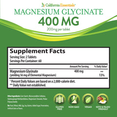 Label details serving size and tablet count for California Essentials Magnesium Glycinate 400