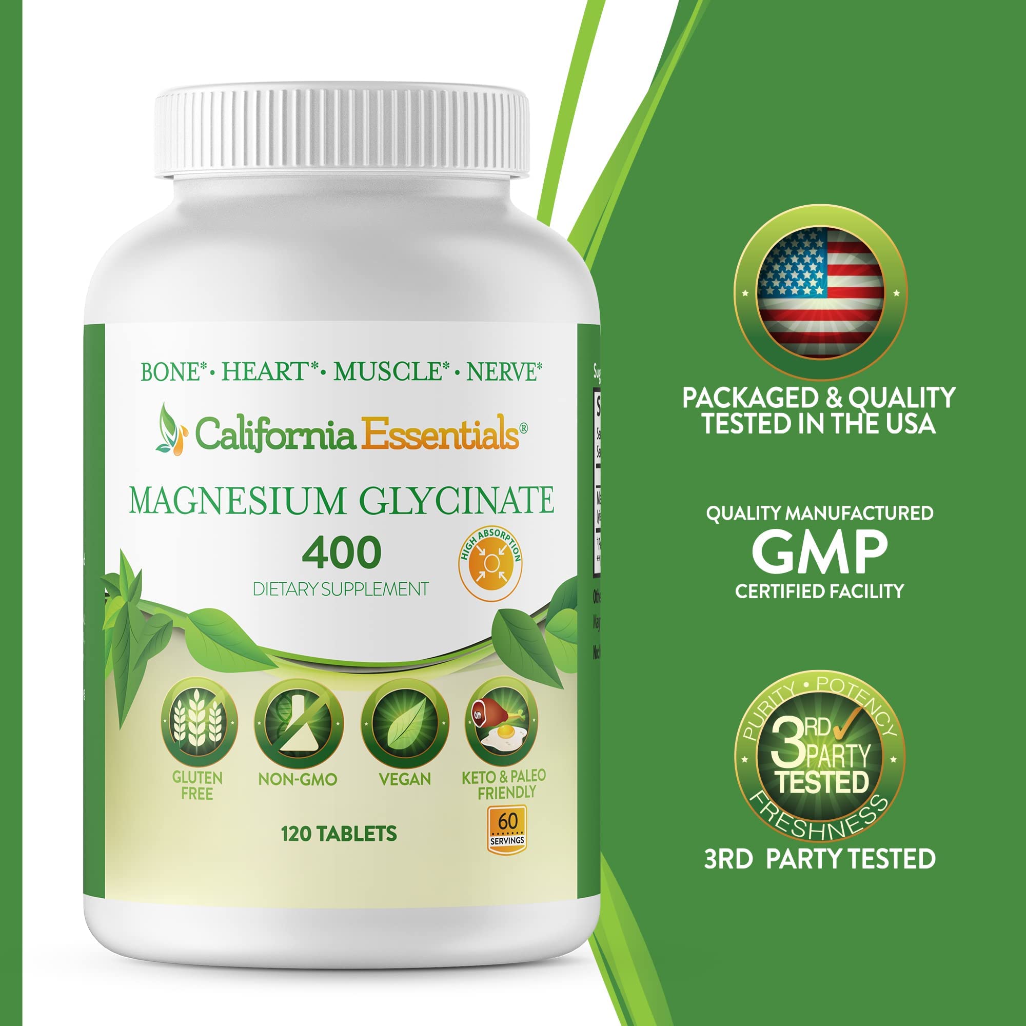 Serving size graphic shows two tablets per portion for California Essentials Magnesium Glycinate 400