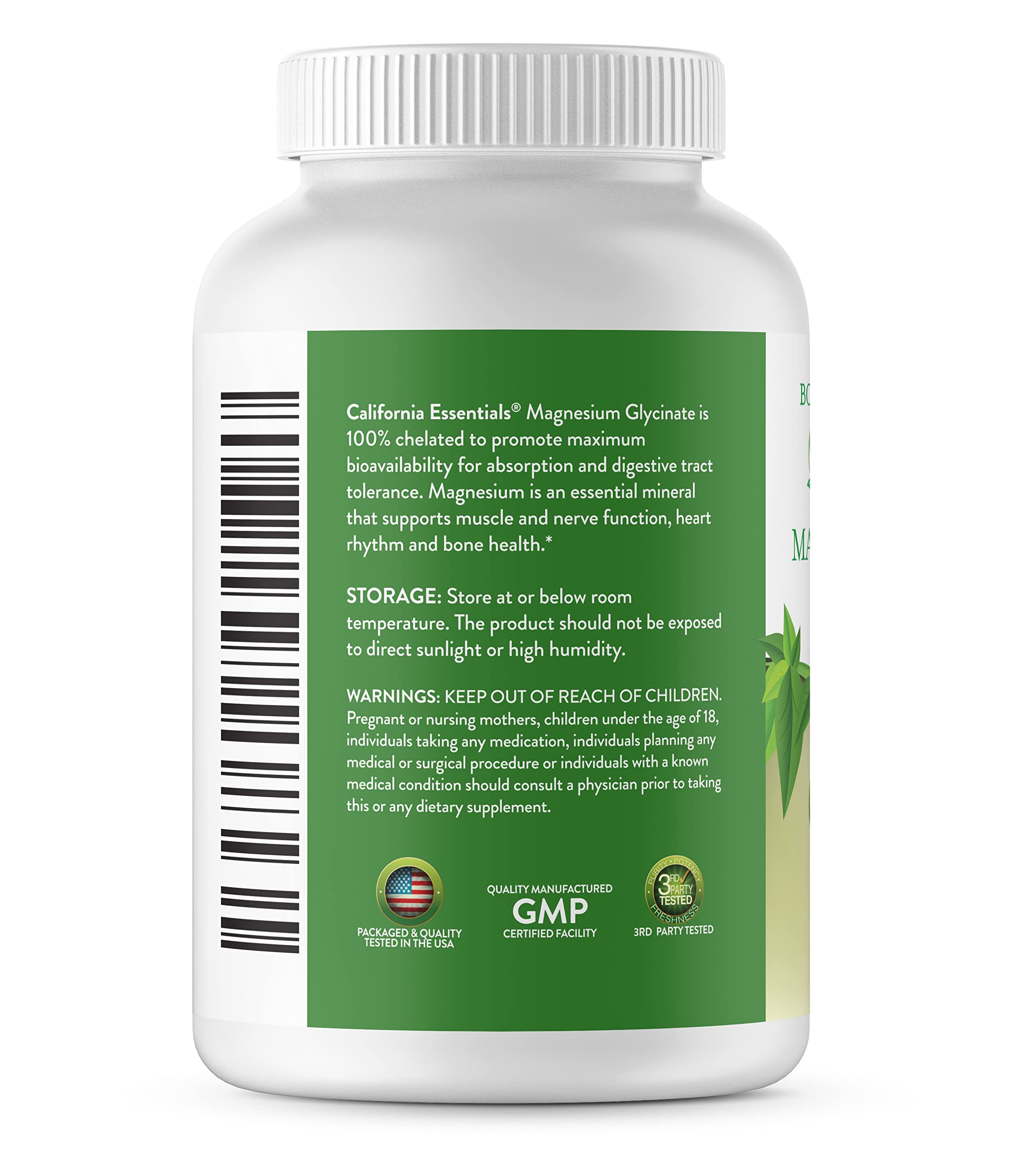 Close-up of California Essentials Magnesium Glycinate 400 tablets highlighting chelated, gentle tolerance