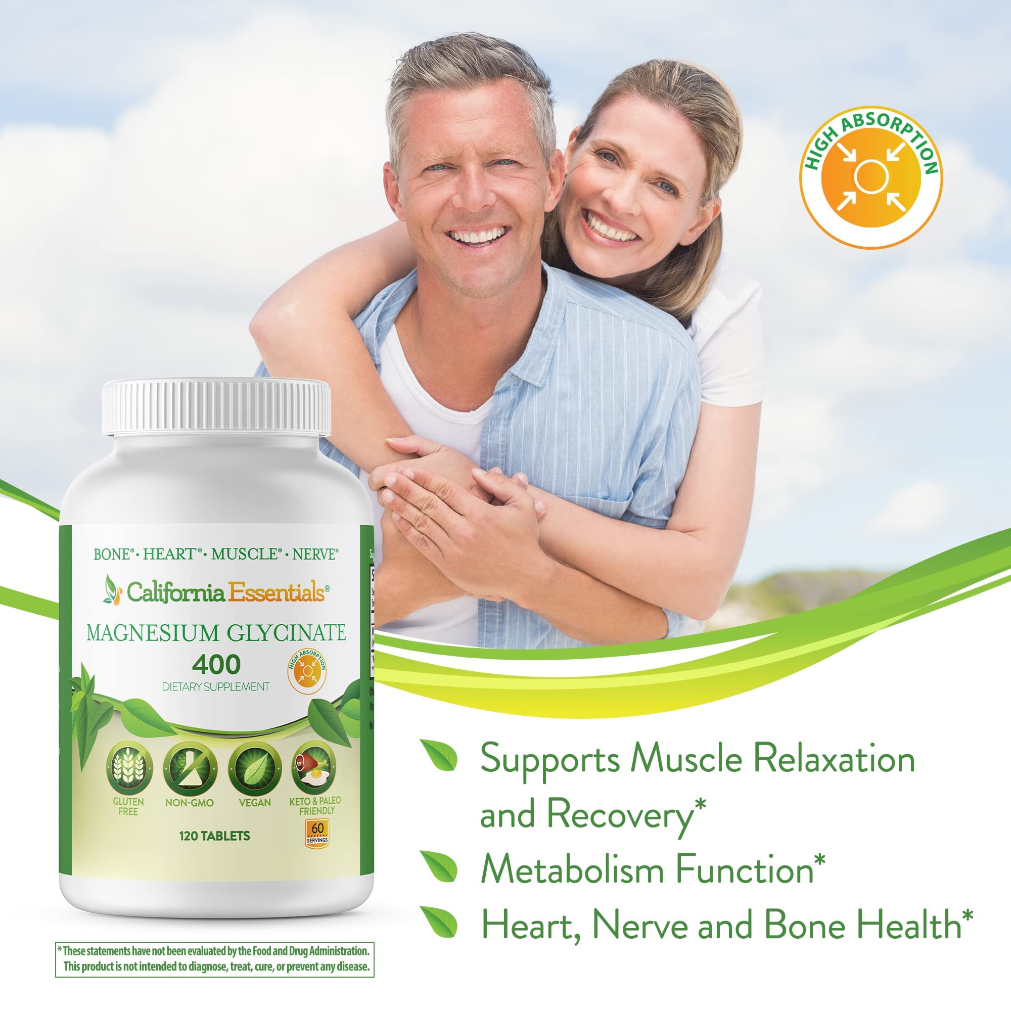 Lifestyle image suggests daily routine with California Essentials Magnesium Glycinate 400 and safe, vegan-made quality
