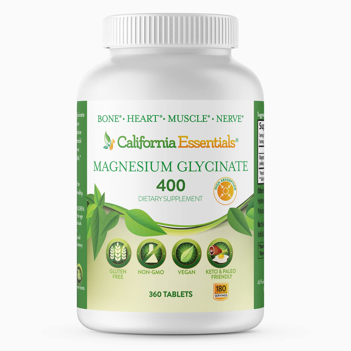 California Essentials Magnesium Glycinate bottle with capsules promoting muscle relaxation.