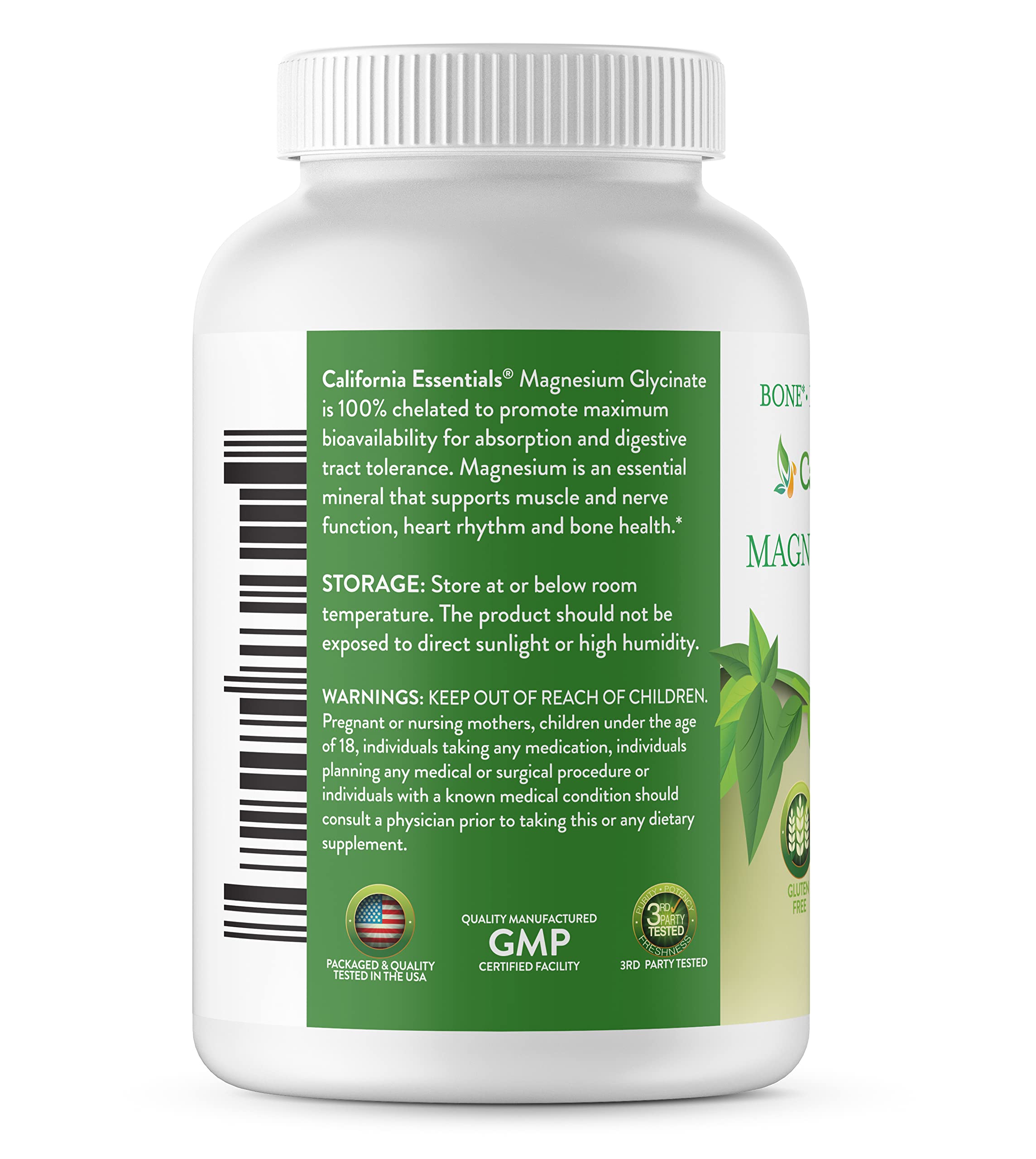 Label close-up on California Essentials Magnesium Glycinate emphasizing high absorption formula.