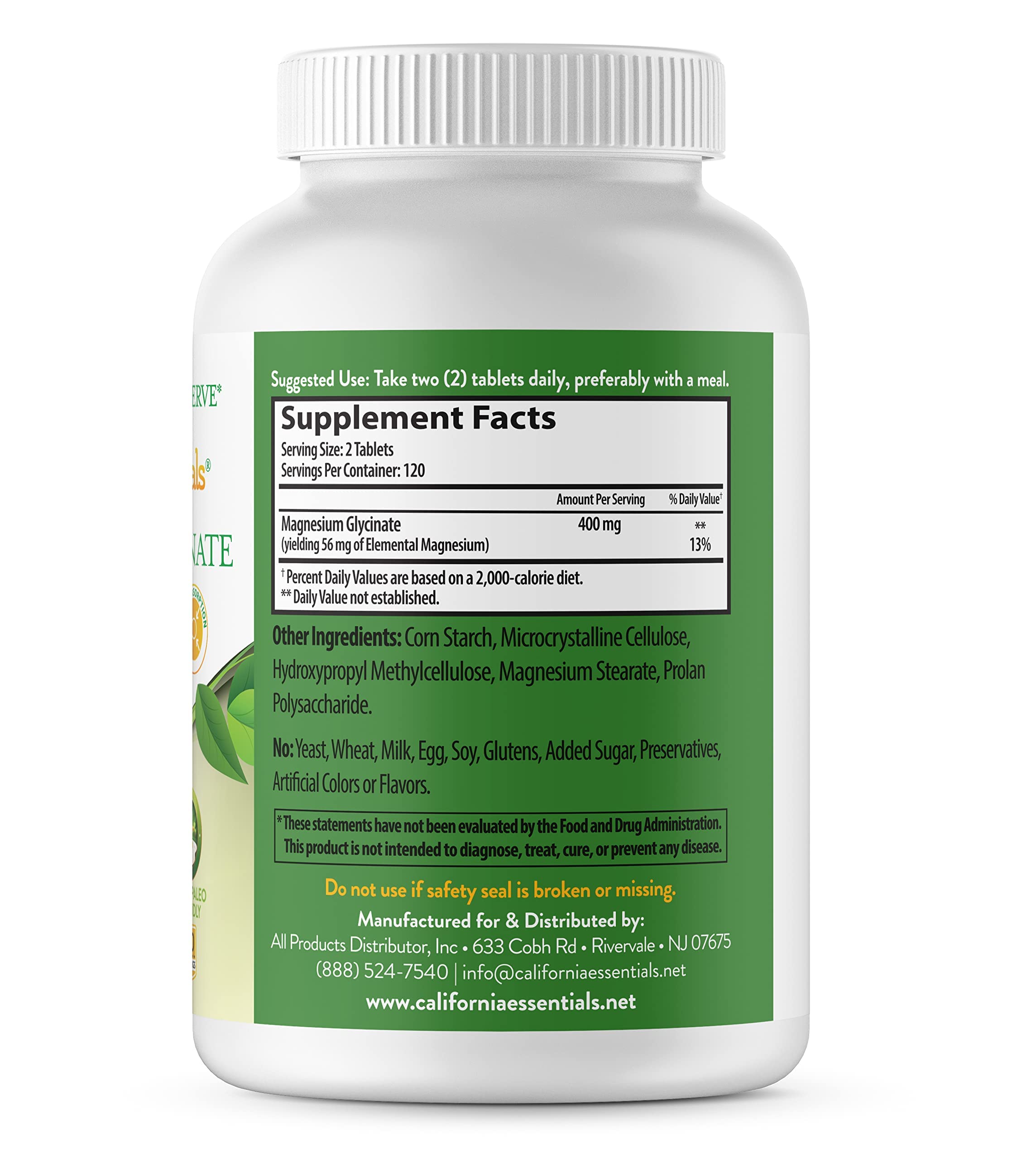 Label close-up on California Essentials magnesium glycinate highlighting high absorption