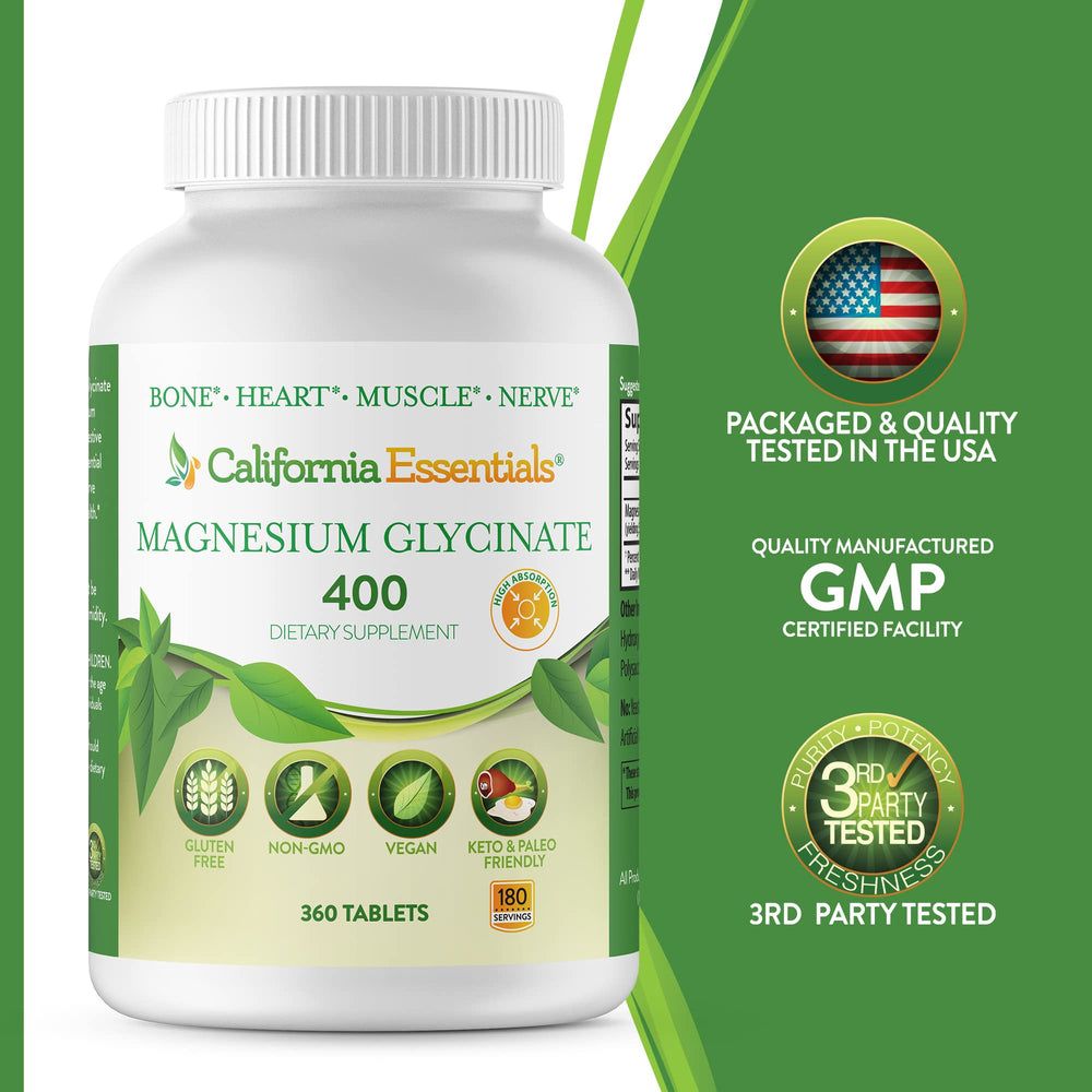 Gluten-free and dairy-free seal on California Essentials Magnesium Glycinate packaging.