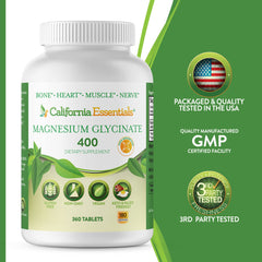 Gluten-free and dairy-free seal on California Essentials Magnesium Glycinate packaging.