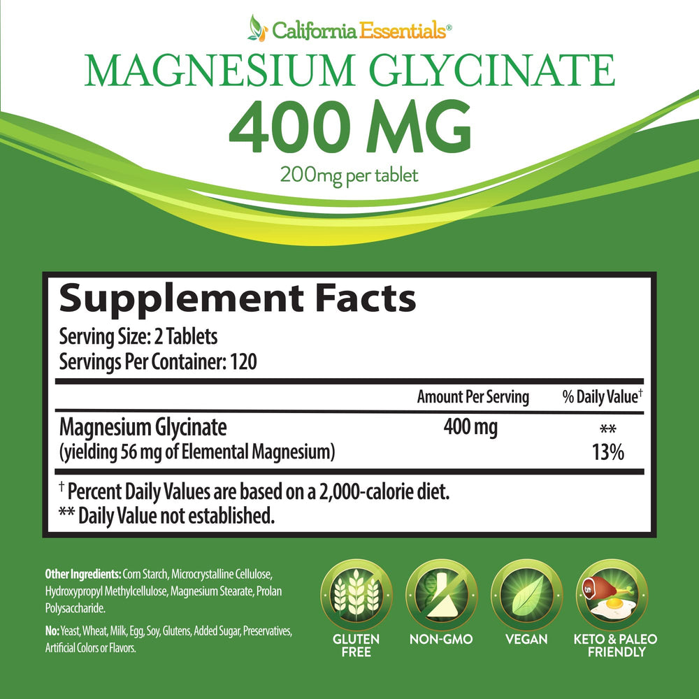 Vegan, non-GMO California Essentials magnesium glycinate in eco-friendly packaging